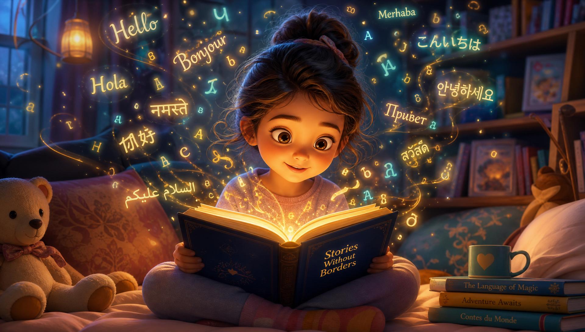 Child reading a magical storybook with words and languages coming alive