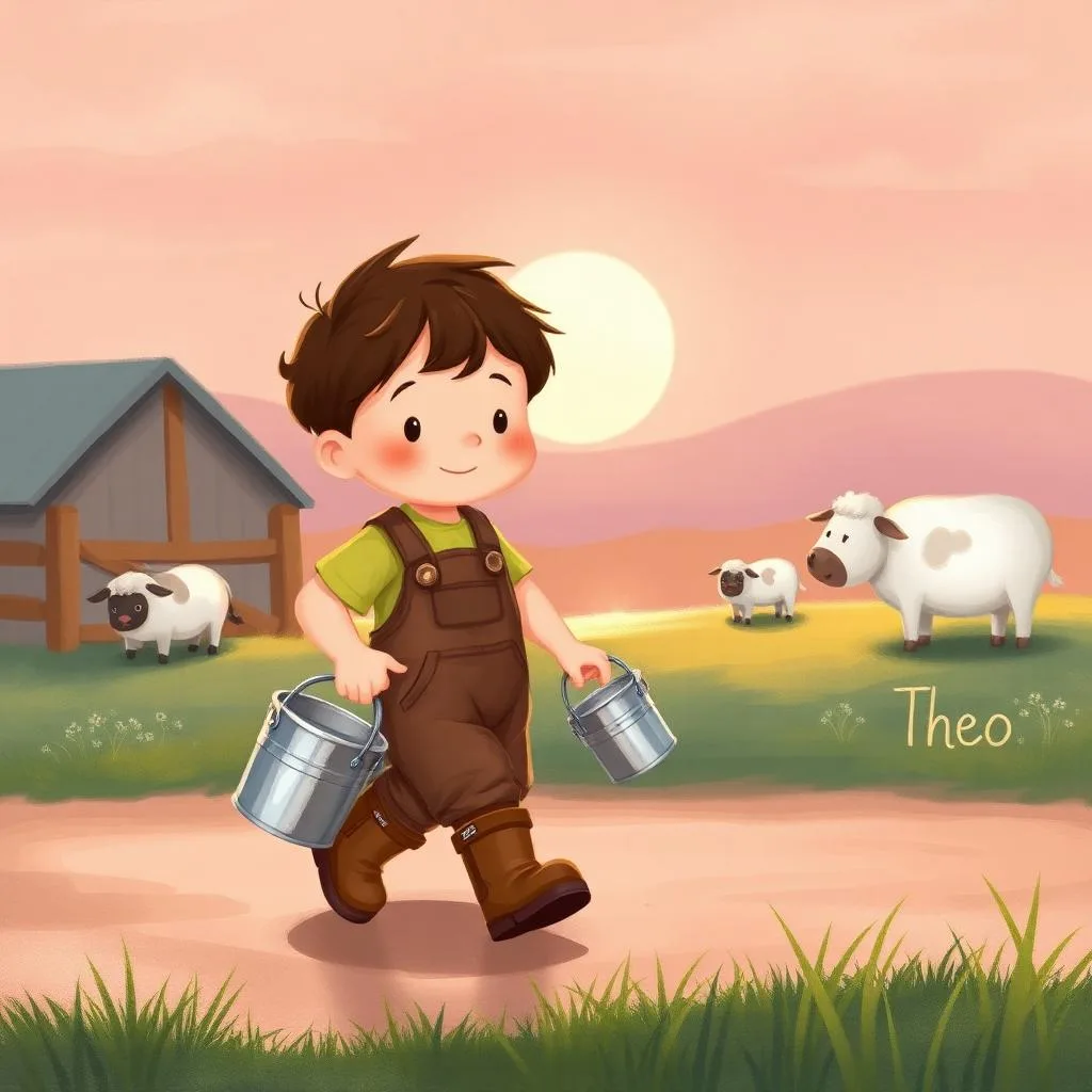 AI illustration of a Theo, the Junior Farm Helper story for children, page 1